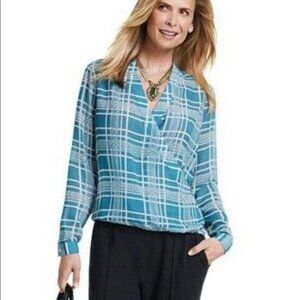 CABI 3068 Windowpane Faux Wrap Blouse Top Teal & Cream Medium